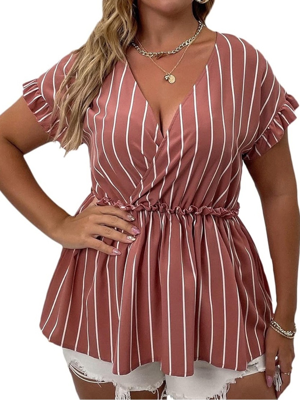SHEIN Rust-Striped V-Neck Peplum Blouse